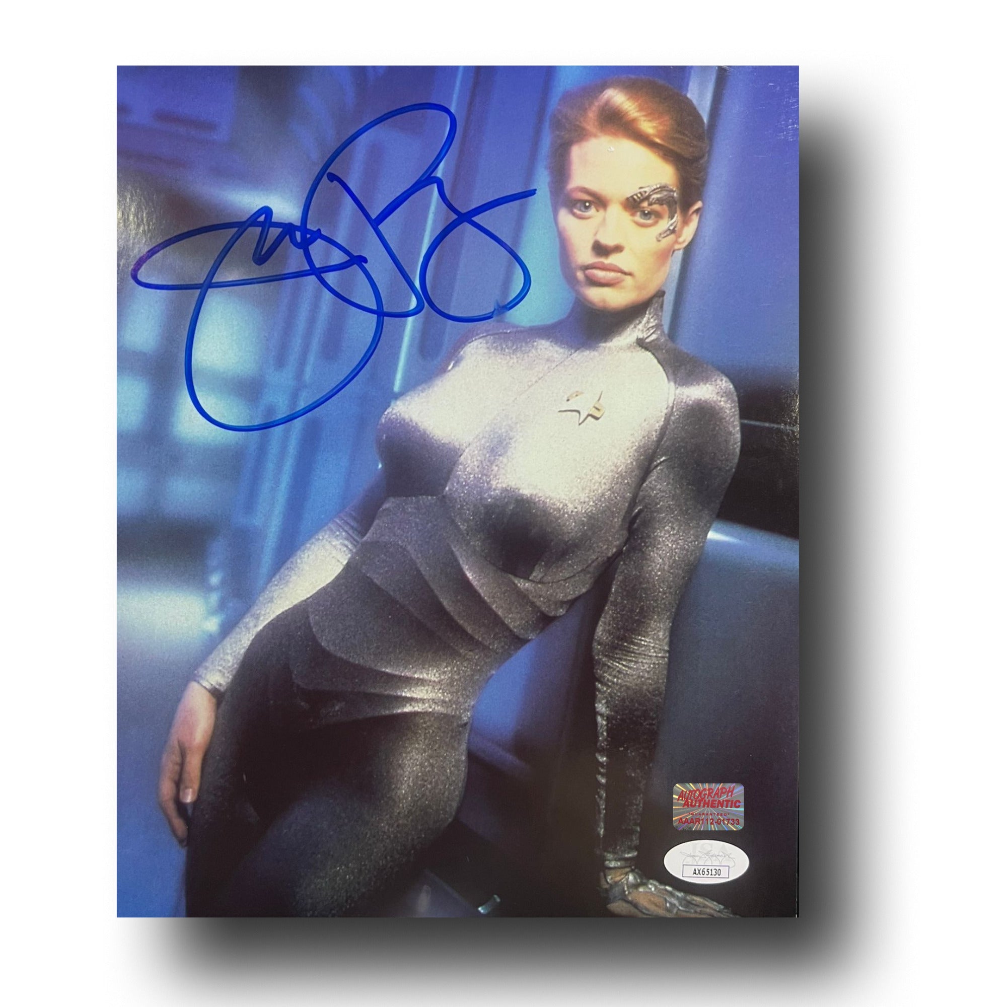 JERI RYAN AUTOGRAPHED STAR TREK VOYAGER PHOTO - SEVEN OF NINE BLUE BACKGROUND 8X10