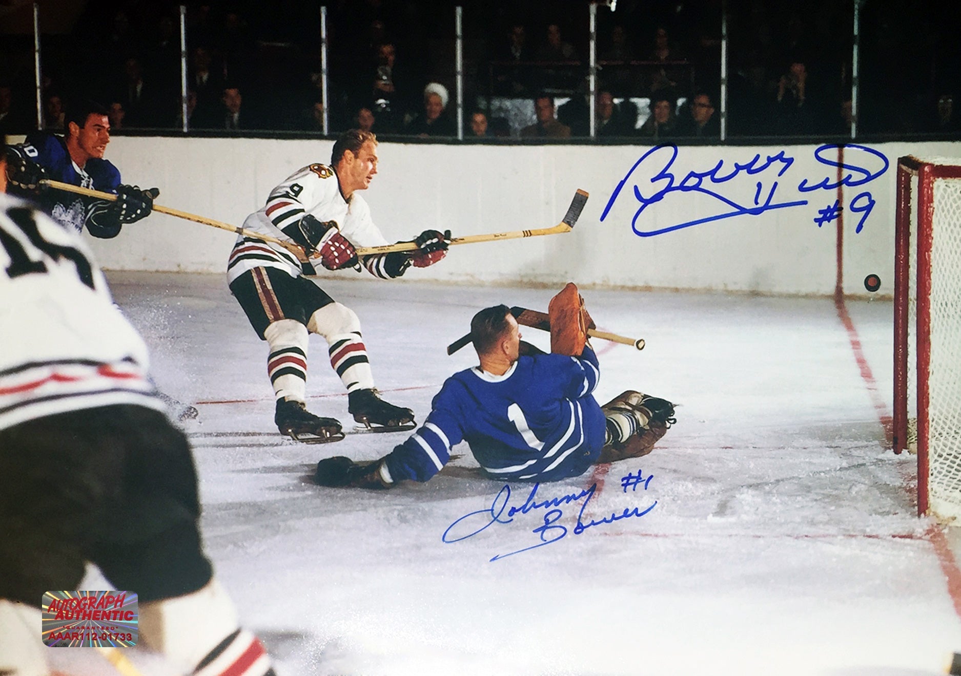 SIGNED JOHNNY BOWER, BOBBY HULL PHOTO - TOR MAPLE LEAFS, CHG BLACKHAWKS 12'X8'