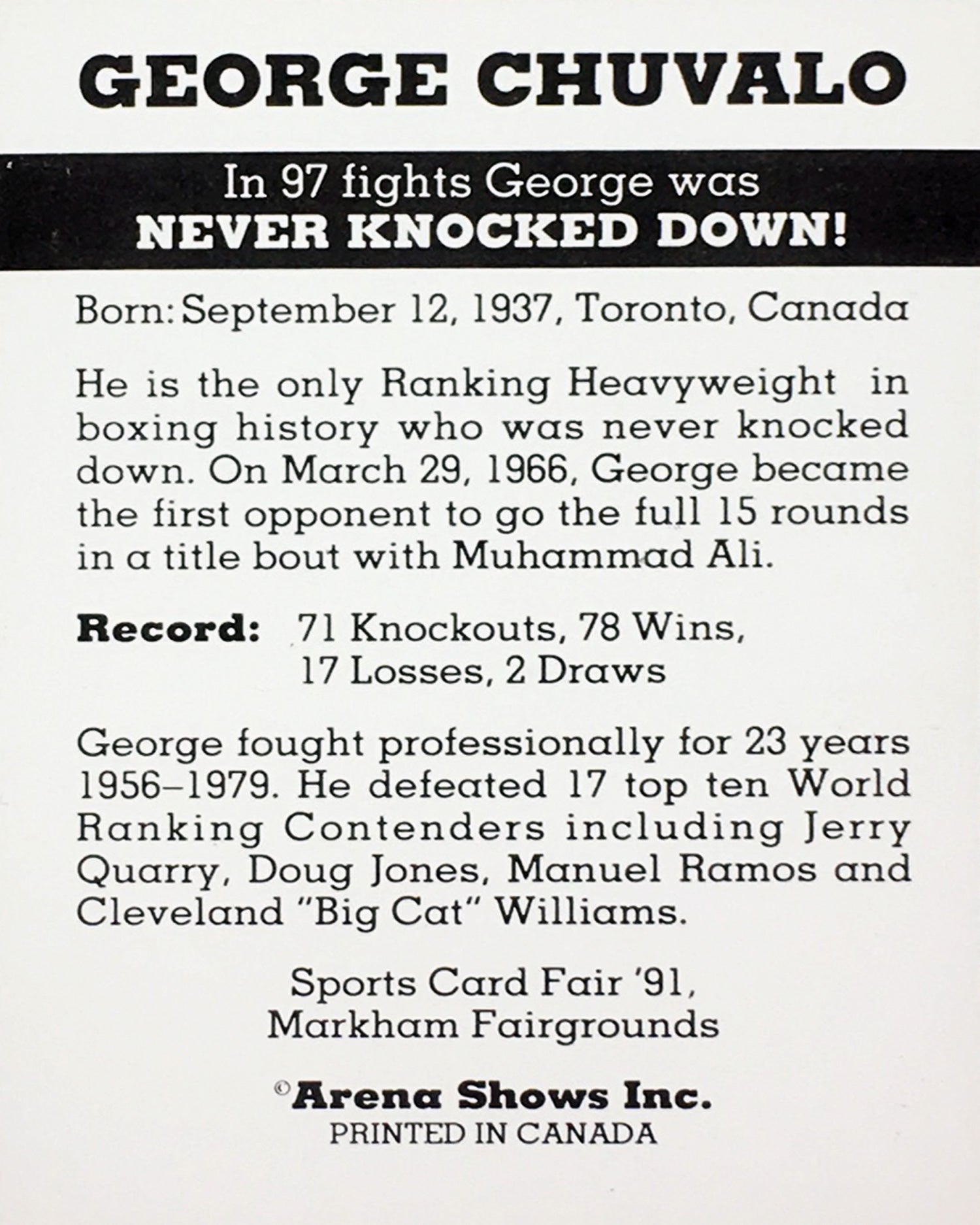 GEORGE CHUVALO BOXING CARD - CANADA (3.5" BY 2.5")