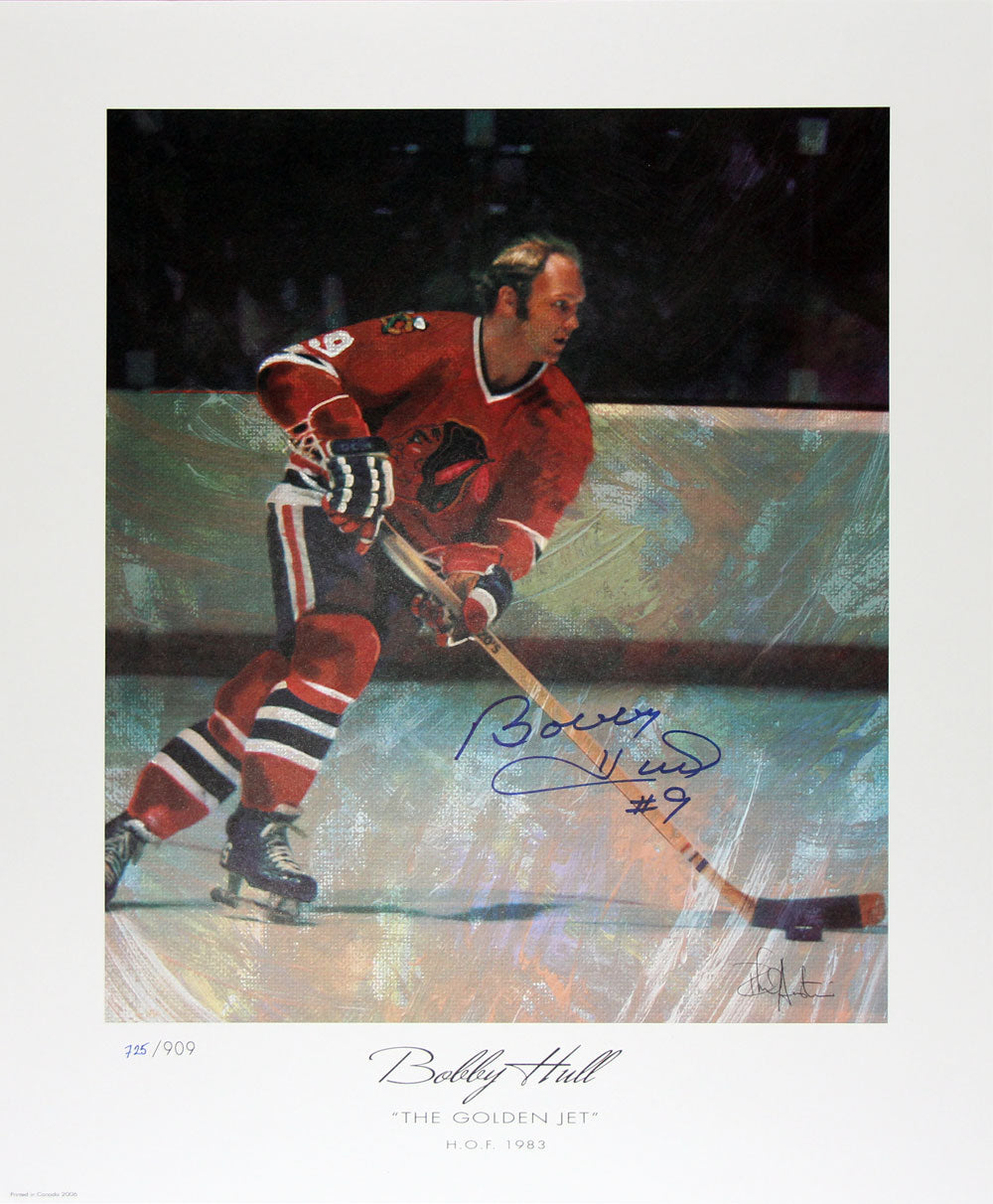 THE GOLDEN JET SIGNED LITHOGRAPH LTD. ED.BOBBY HULL - CHICAGO BLACKHAWKS 22'X18'
