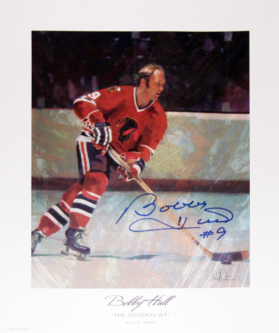 THE GOLDEN JET AUTOGRAPHED LITHOGRAPH - BOBBY HULL - CHICAGO BLACKHAWKS 13'X11'