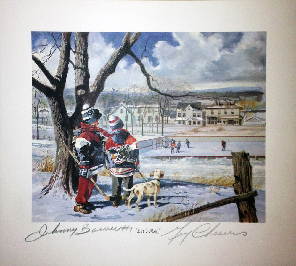 LET'S ASK LITHOGRAPH, SIGNED: JOHNNY BOWER & GERRY CHEEVERS (9.5' BY 8.5')