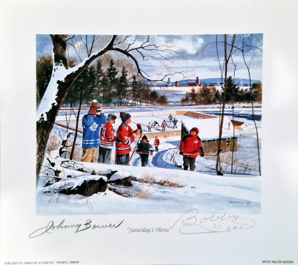SATURDAY'S HEROES - SIGNED BY JOHNNY BOWER AND BOBBY HULL (8.5' BY 8')