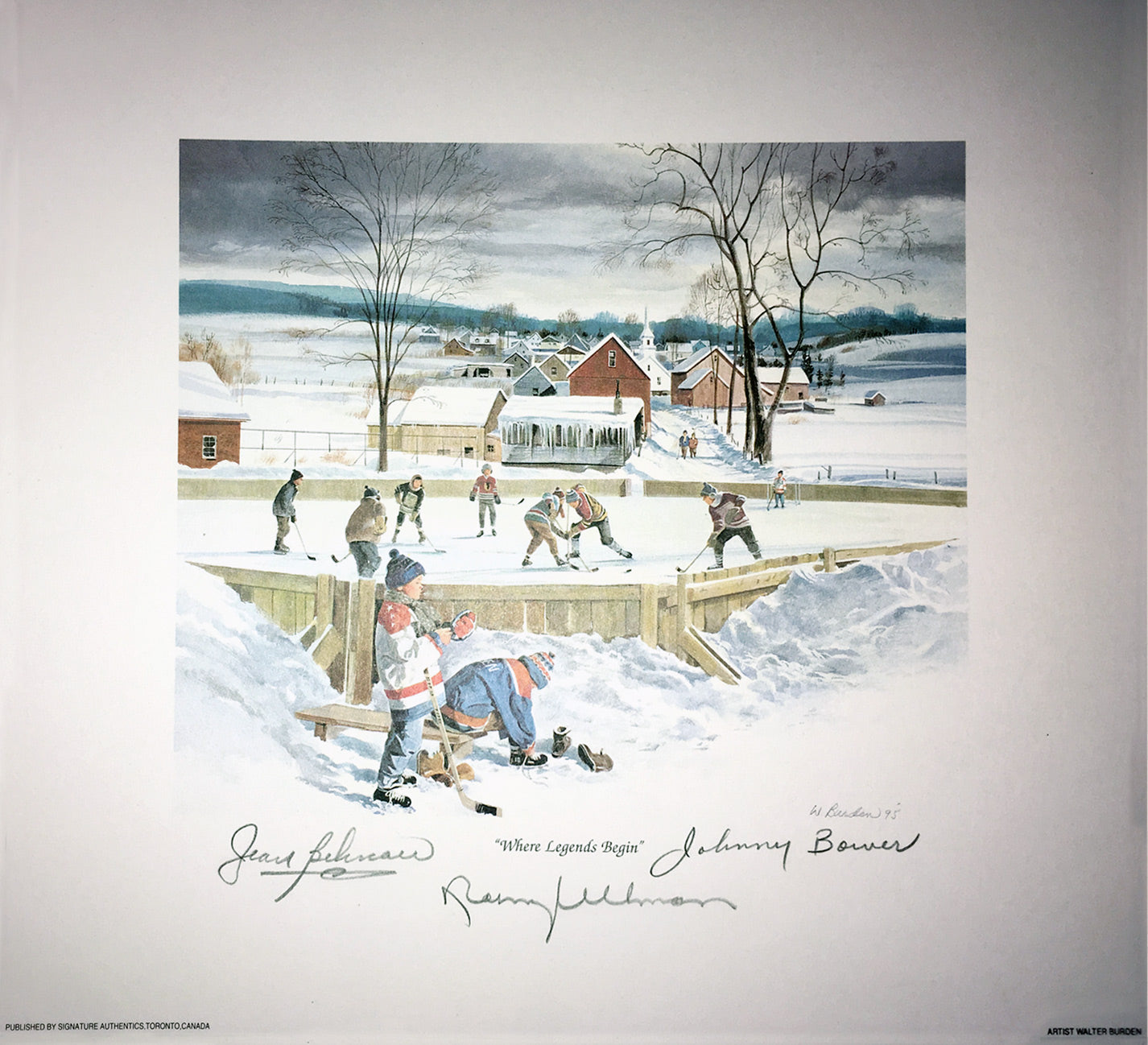 SIGNED BOWER, BELIVEAU, ULLMAN LITHOGRAPH - TORONTO, MONTREAL, DETROIT 10'X10'