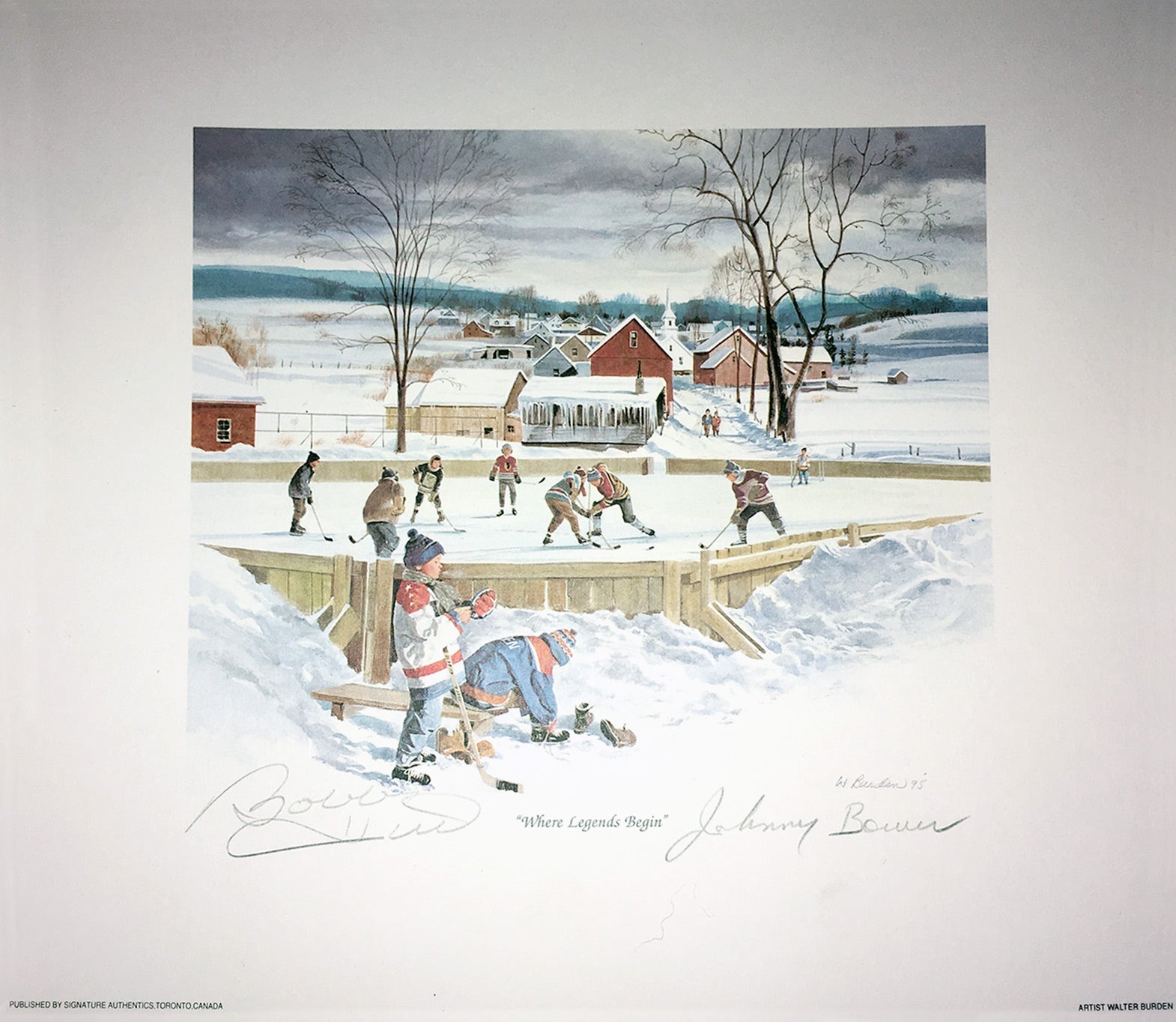 SIGNED JOHNNY BOWER & BOBBY HULL LITHO - TOR MAPLE LEAFS, CHG BLACKHAWKS 10'X10'