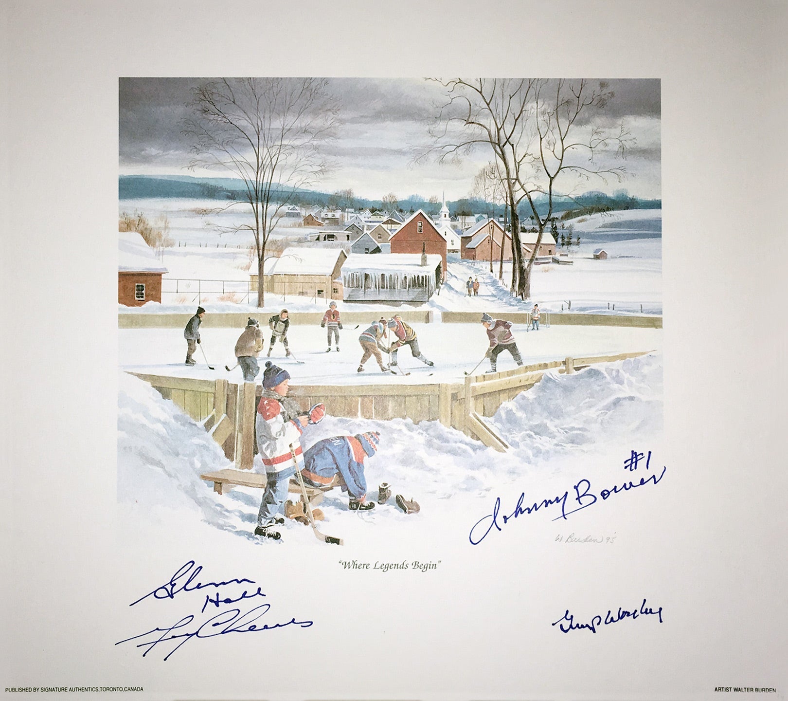 SIGNED BOWER, CHEEVERS, HALL, WORSLEY LITHO - LEAFS, HAWKS, HABS, BRUINS 10'X10'