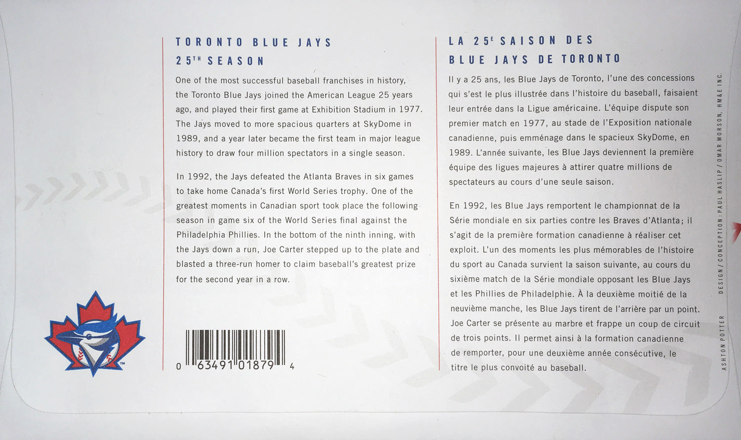 BLUE JAYS DAY OF ISSUE COLLECTIBLE POSTAGE 1992 WORLD SERIES (7" BY 4.5")