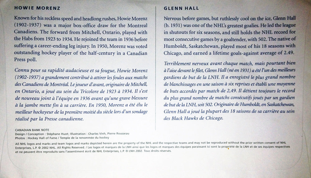 DAY OF ISSUE STAMPS 2002 GLENN HALL AND HOWIE MORENZ (7.5' BY 4.5') - Image 2