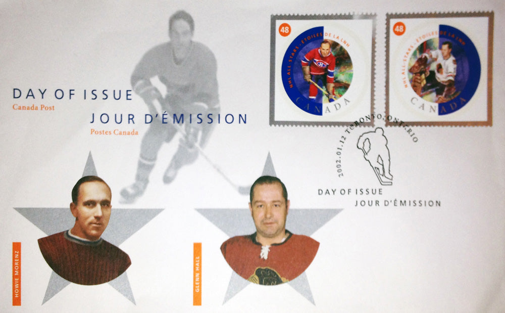 DAY OF ISSUE STAMPS 2002 GLENN HALL AND HOWIE MORENZ (7.5' BY 4.5')