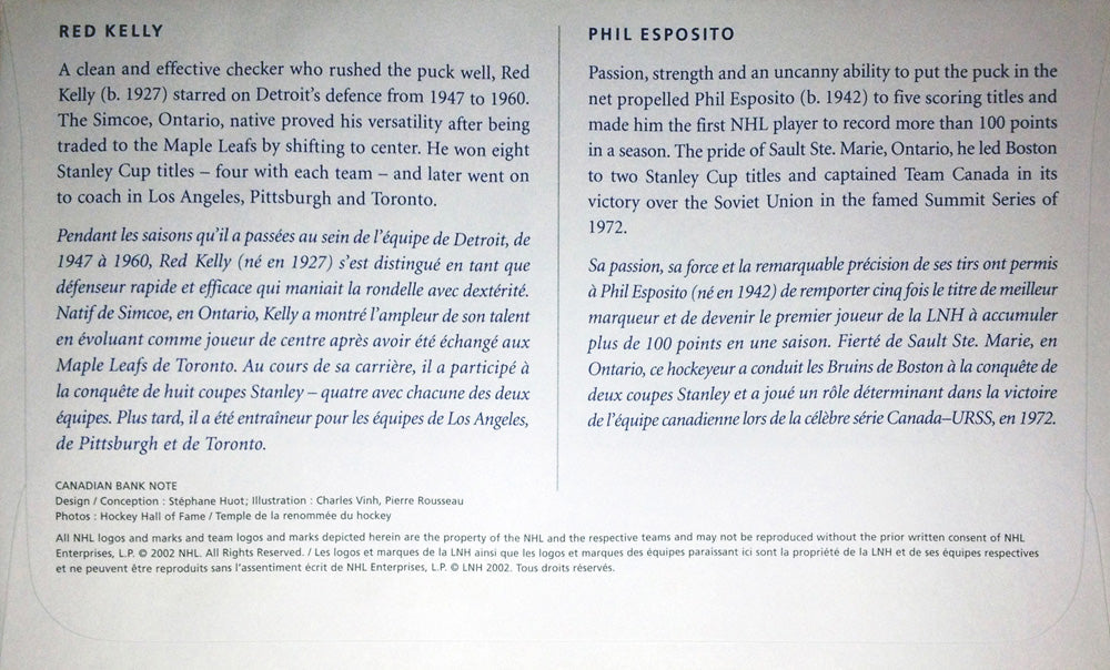 DAY OF ISSUE STAMPS 2002 RED KELLY AND PHIL ESPOSITO (7.5' BY 4.5') - Image 2