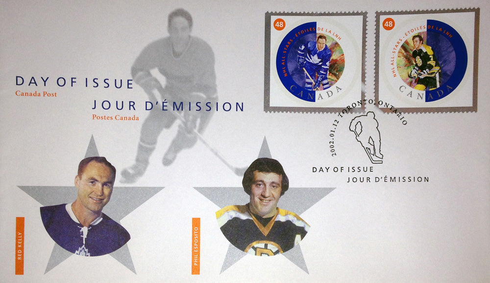 DAY OF ISSUE STAMPS 2002 RED KELLY AND PHIL ESPOSITO (7.5' BY 4.5')