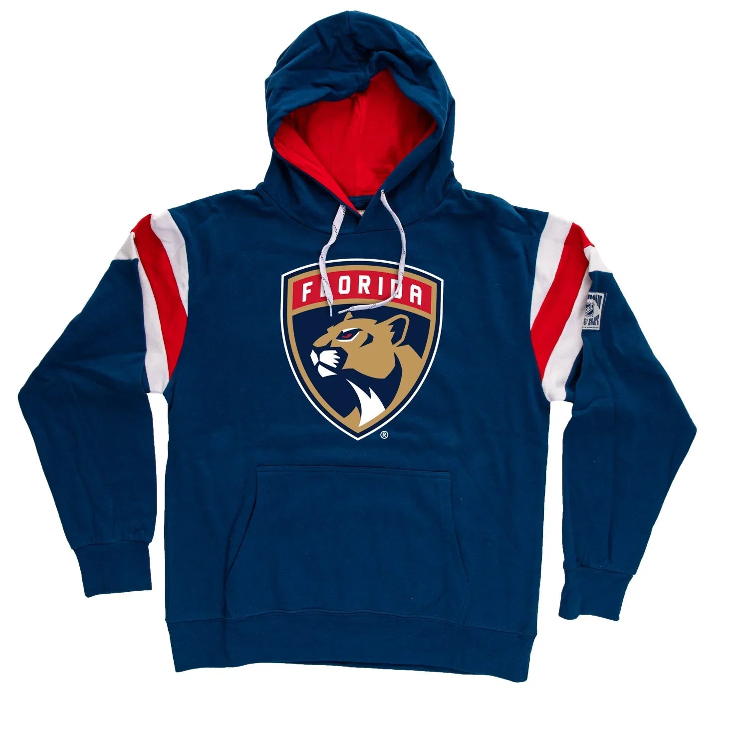 Florida Panthers navy blue varsity hoodie with red and white stripes and team logo