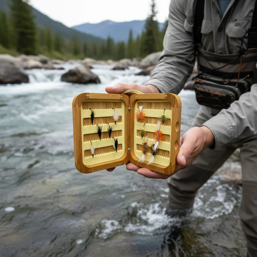Fly Fishing Kit, Atlantic Salmon Flies, Mixed Wet Flies and Bugs & Bombers, with Bamboo Flybox
