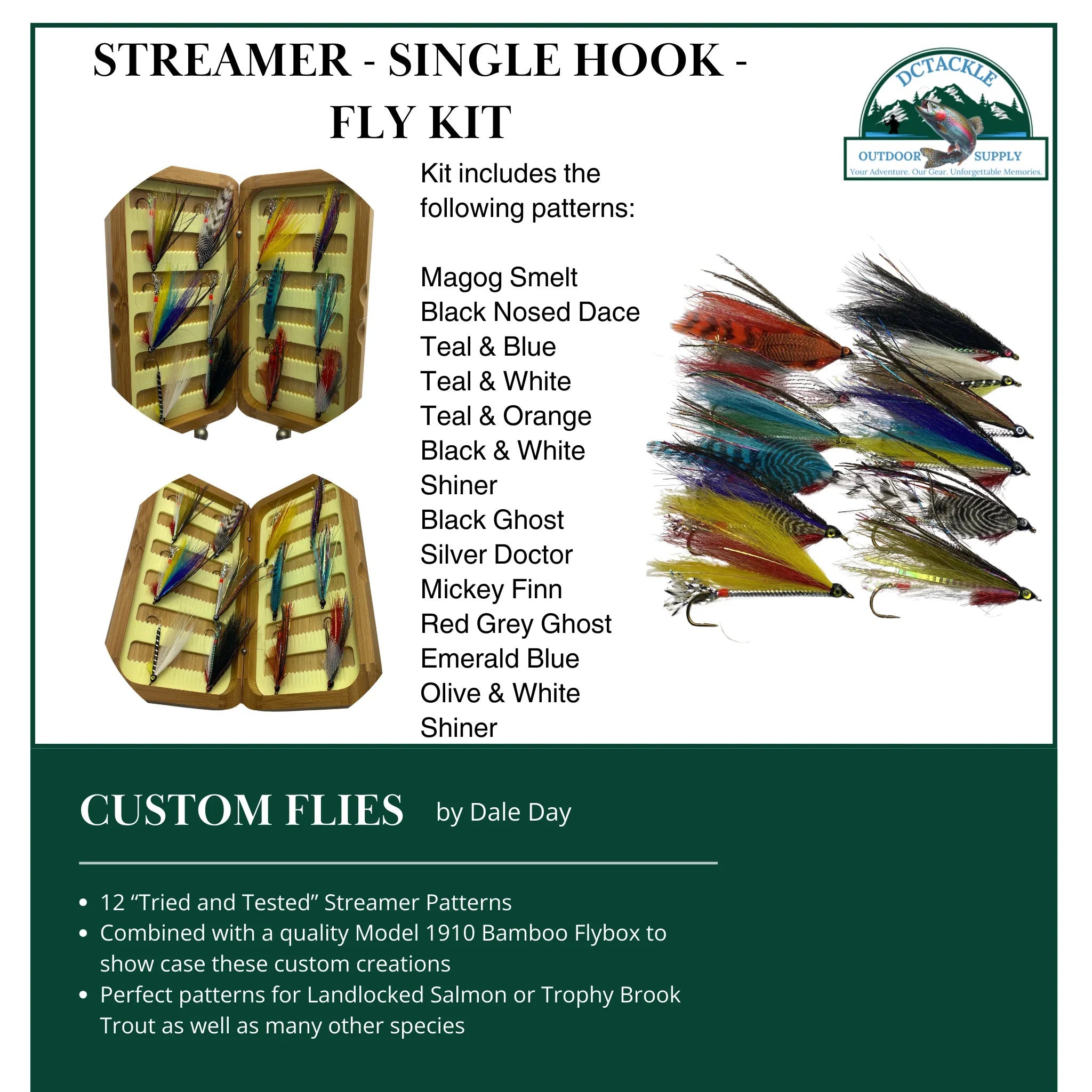 Fly Fishing Kit, Single Hook Streamer, Landlocked Salmon, Bamboo Flybox