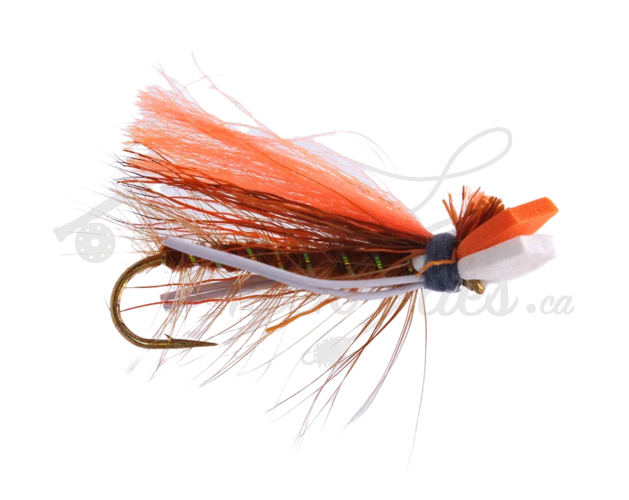 Foam October Caddis fly fishing lure with orange, brown, and white materials on a hook