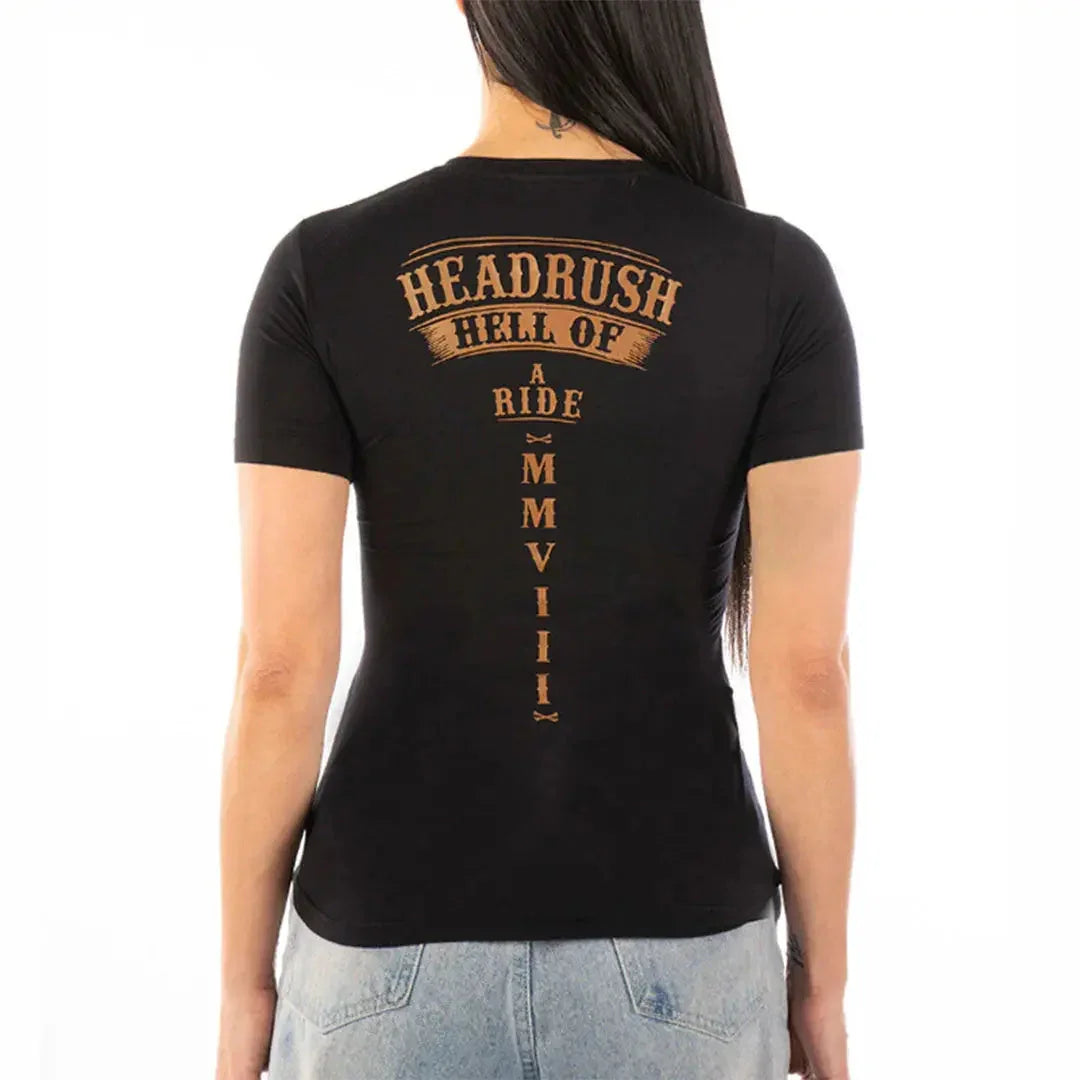 Woman wearing black vintage V-neck t-shirt with 'Headrush Hell of a Ride' graphic on back