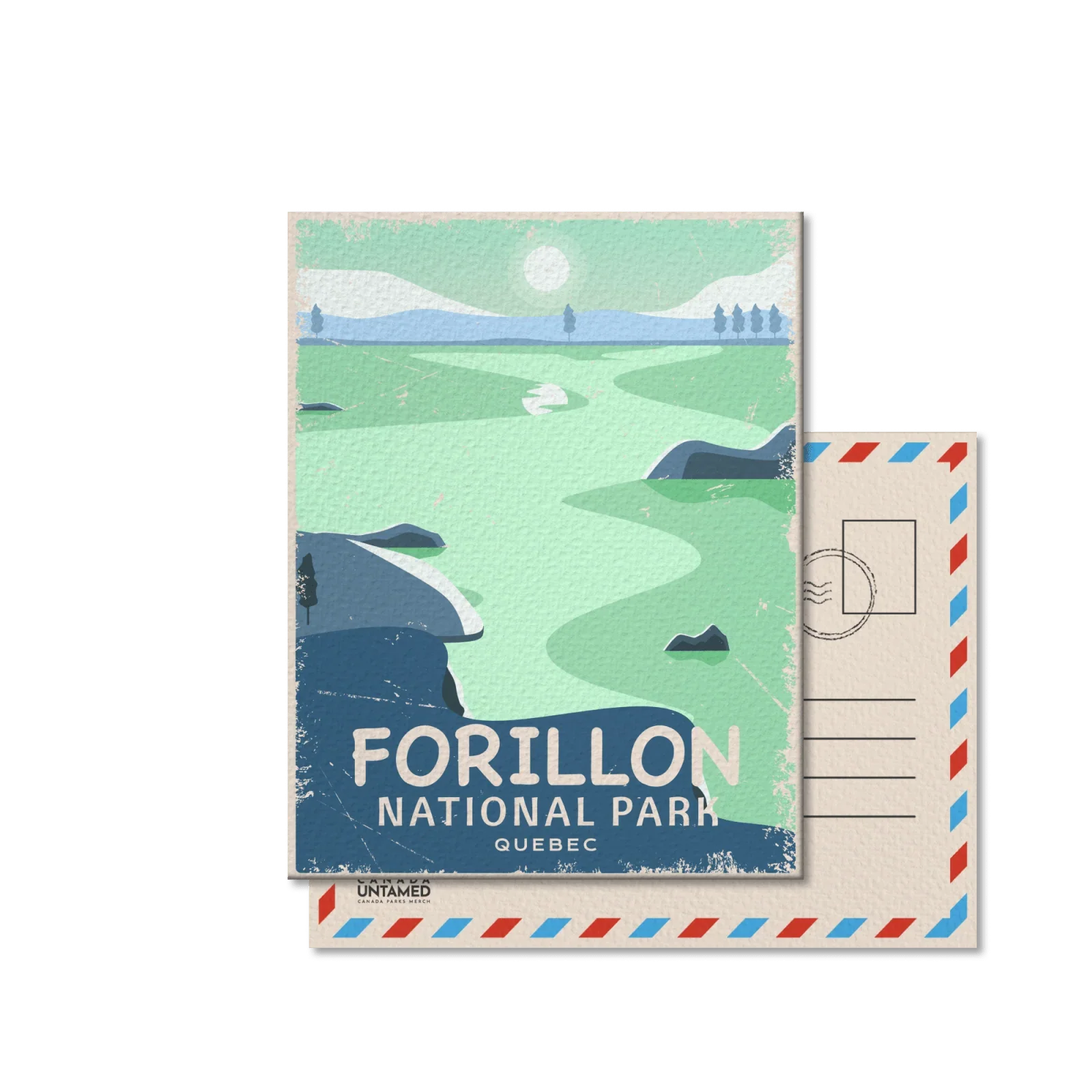 Forillon National Park Quebec postcard with illustrated scenic landscape and vintage effect