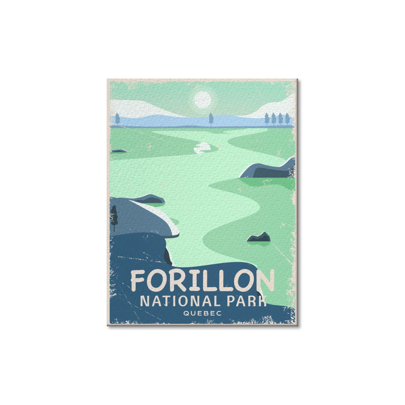 Forillon National Park Quebec postcard with illustrated landscape, rocks and trees