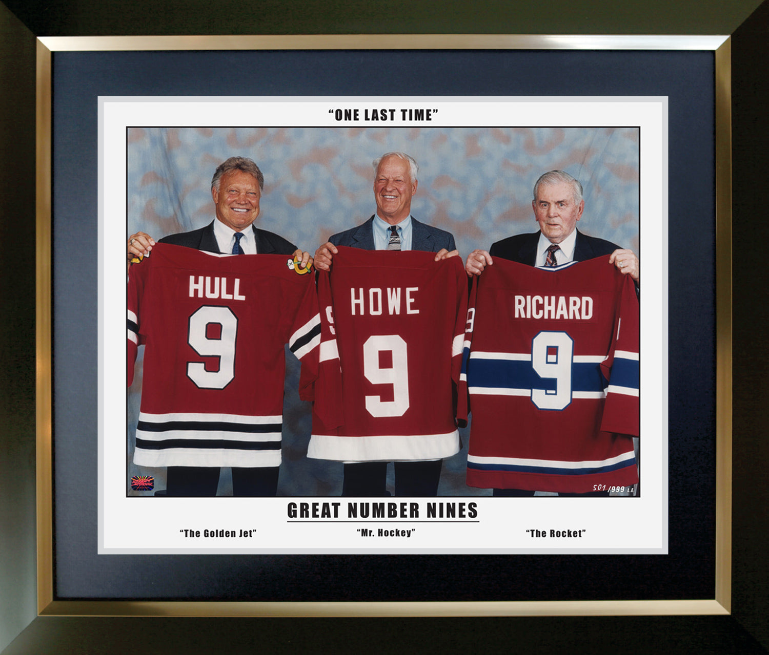 GREAT NINES, M. RICHARD, G. HOWE, BOBBY HULL - FRAMED THREE GREAT NINES 24'X20'