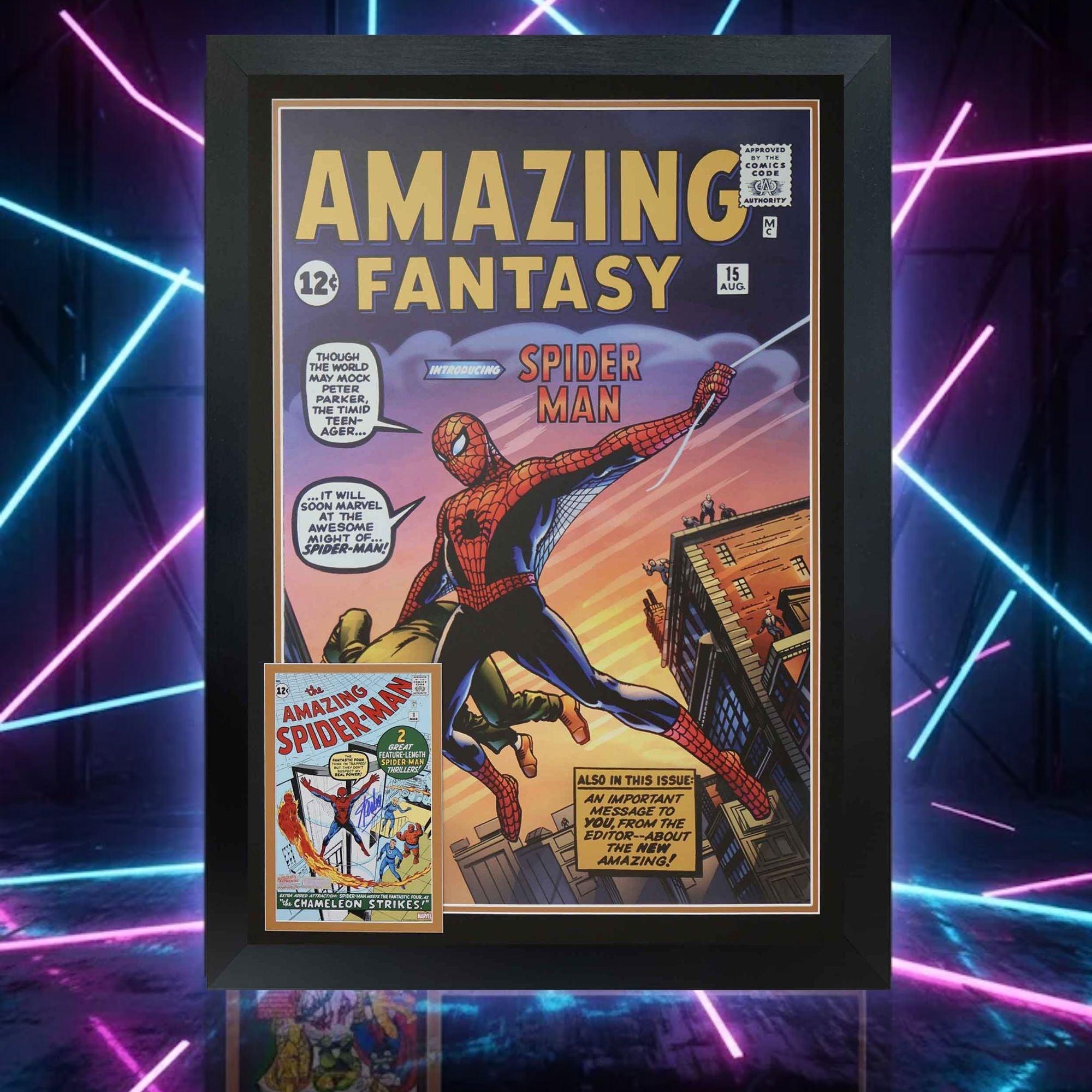 SPIDER-MAN FIRST APPEARANCE FRAMED PRINT SIGNED BY STAN LEE (38.5" BY 28")