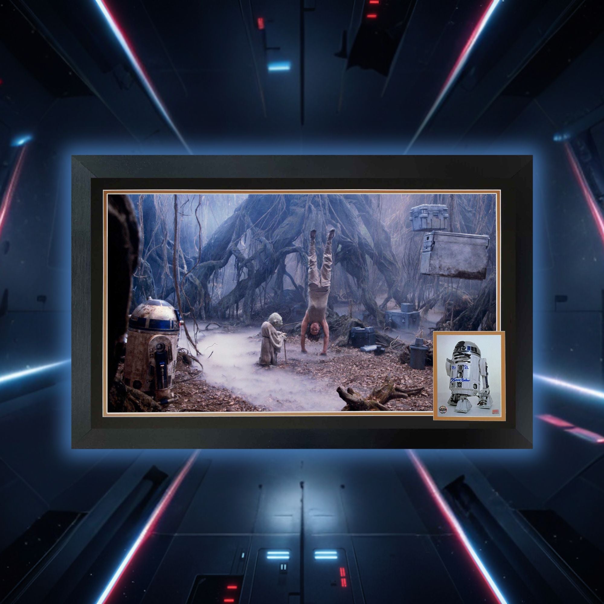 KENNY BAKER SIGNED R2-D2 & YODA DAGOBAH FRAMED  - STAR WARS COLLECTIBLE 38"X28"