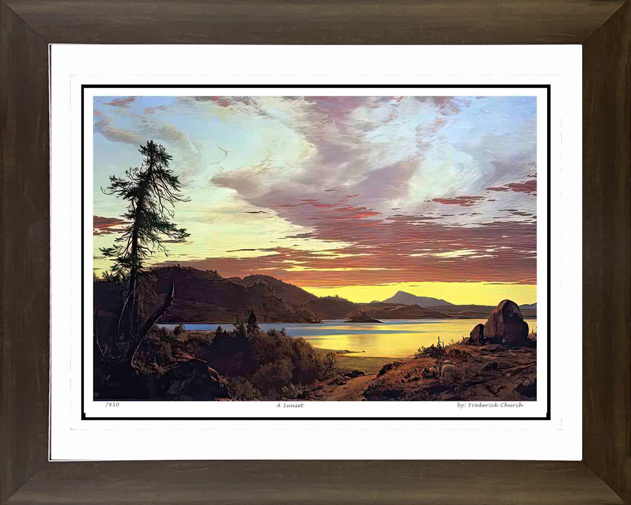 FREDERIC CHURCH 'A SUNSET' HUDSON RIVER SCHOOL - FRAMED ART PRINT 30'X24'