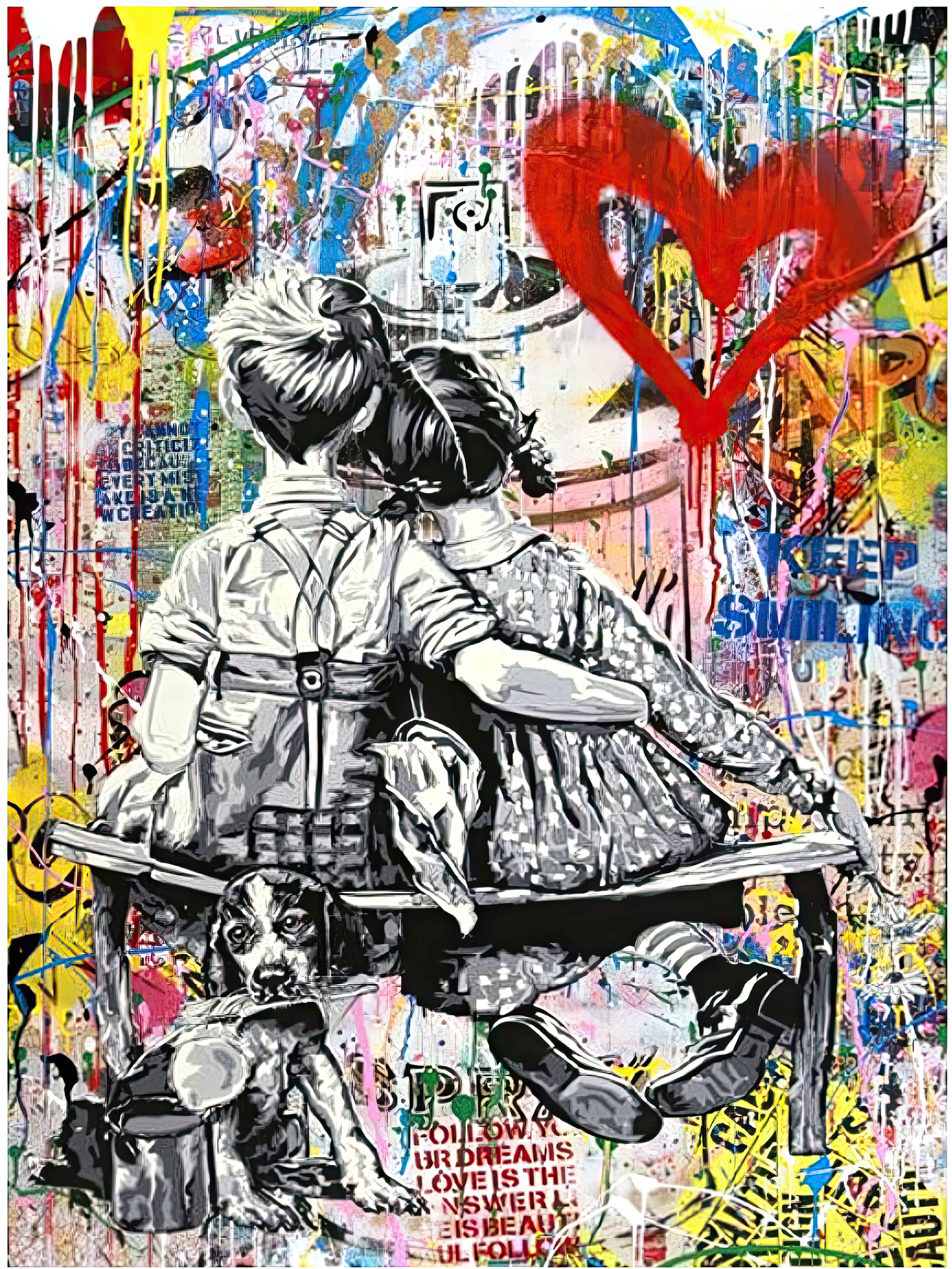 BANKSY: CUDDLES ON THE BENCH - WRAPPED CANVAS PRINT (32' BY 24')