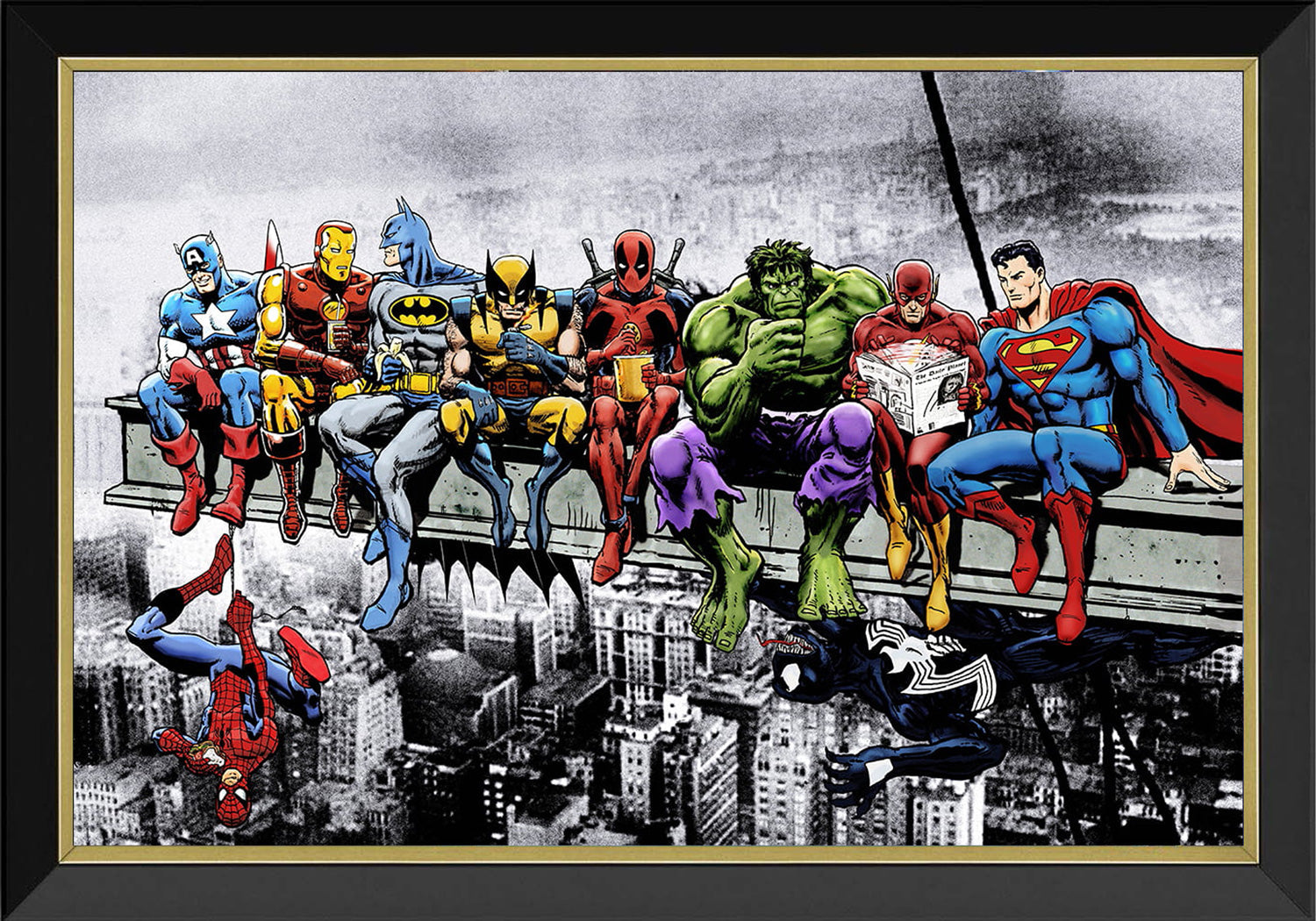 MARVEL & DC SUPERHEROES LUNCH ATOP A SKYSCRAPER - FRAMED ART REPRINT 33.5'X23.5'