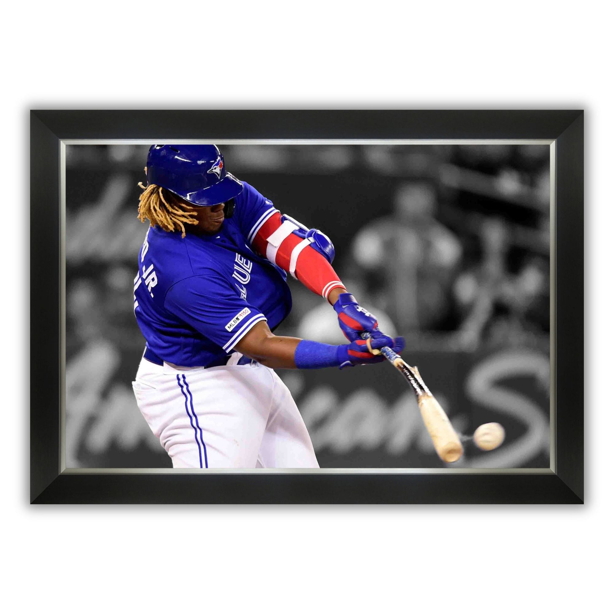 VLADIMIR GUERRERO JR. FRAMED CANVASBAT BREAKING HIT - TOR BLUE JAYS 33.5'X23.5'