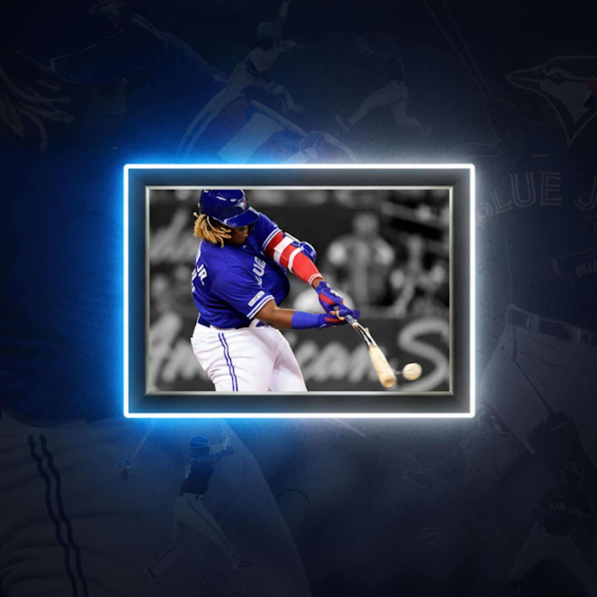 VLADIMIR GUERRERO JR. FRAMED CANVASBAT BREAKING HIT - TOR BLUE JAYS 33.5'X23.5' - Image 2