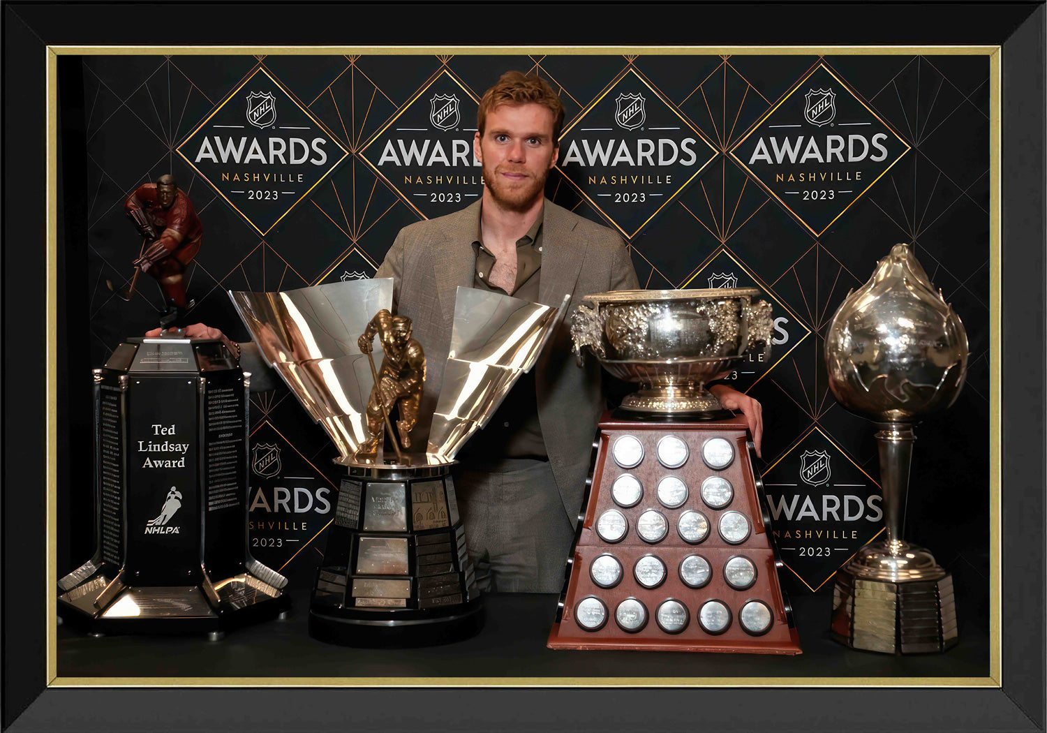 CONNOR MCDAVID TROPHIES FRAMED CANVAS - EDMONTON OILERS (33.5' BY 23.5')