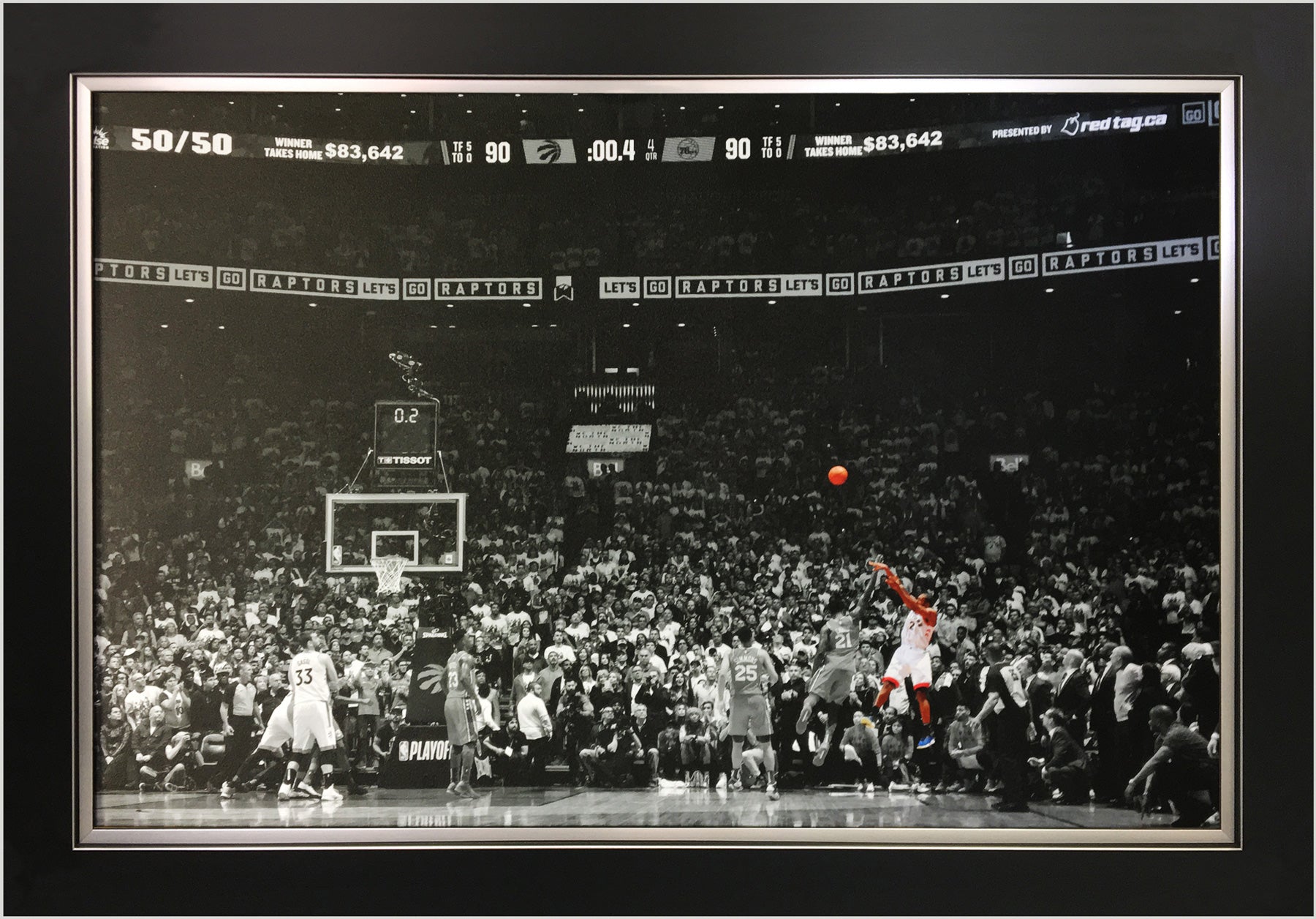 KAWHI LEONARD 'THE LAUNCH' FRAMED - RAPTORS GAME WINNING SHOT 33.5'X23.5'