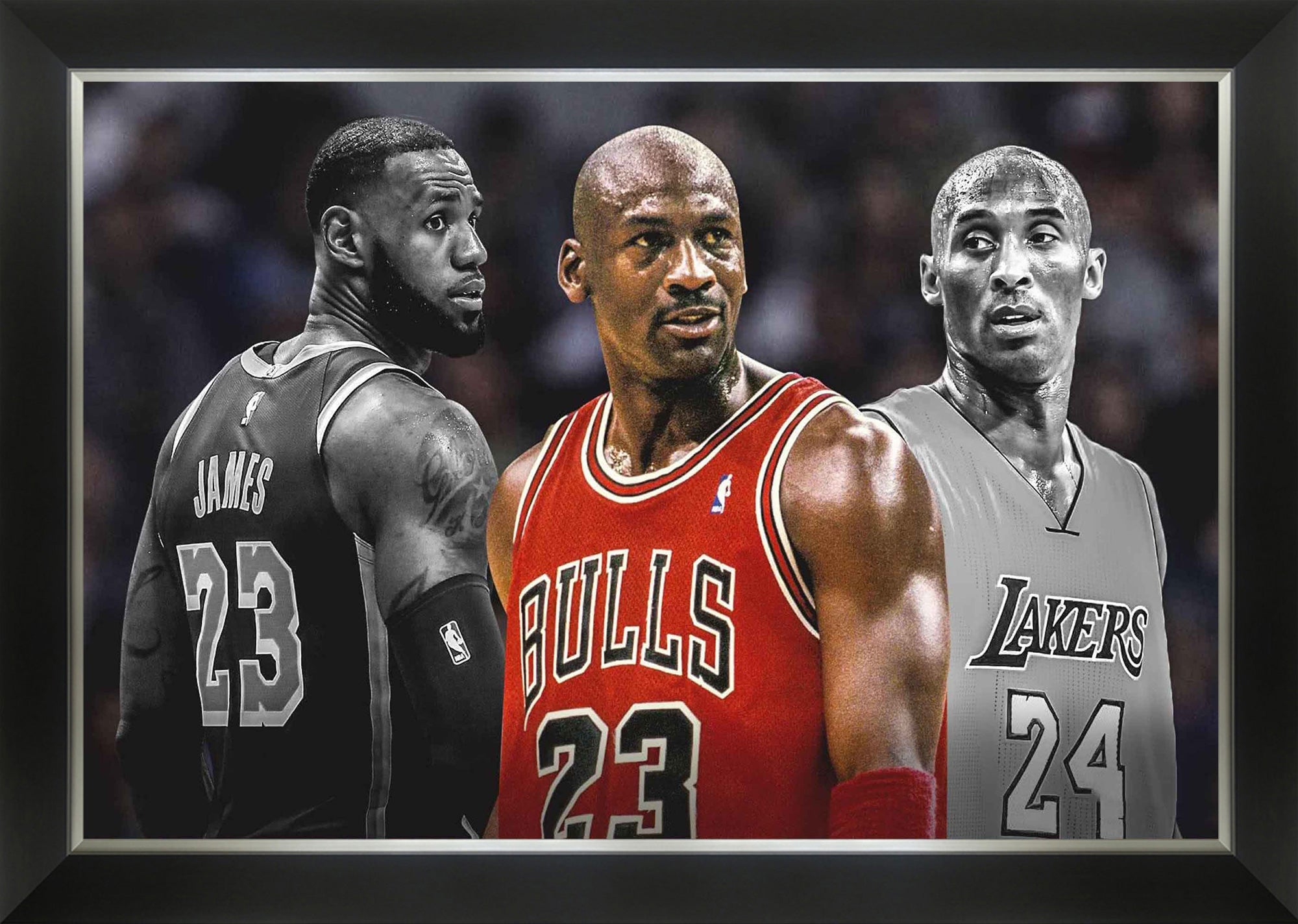 MICHAEL JORDAN, KOBE BRYANT & LEBRON JAMES FRAMED - 3 NBA LEGENDS 33.5'X23.5'