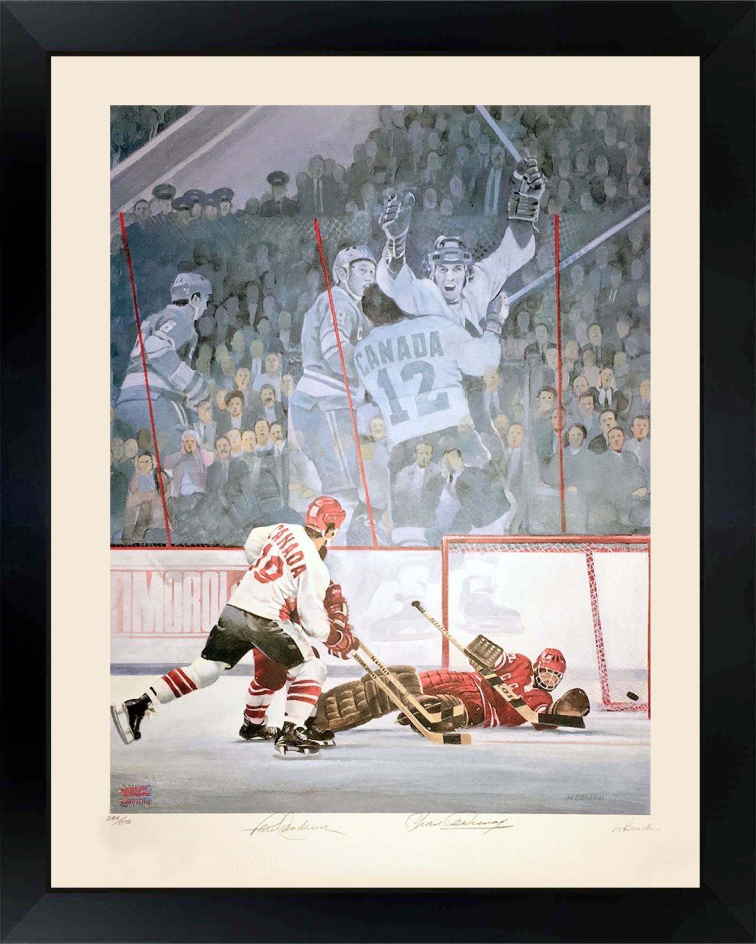 PAUL HENDERSON & YVAN COURNOYER SIGNED TEAM CANADA LITHO LTD 1972 - 30X24' FRAME
