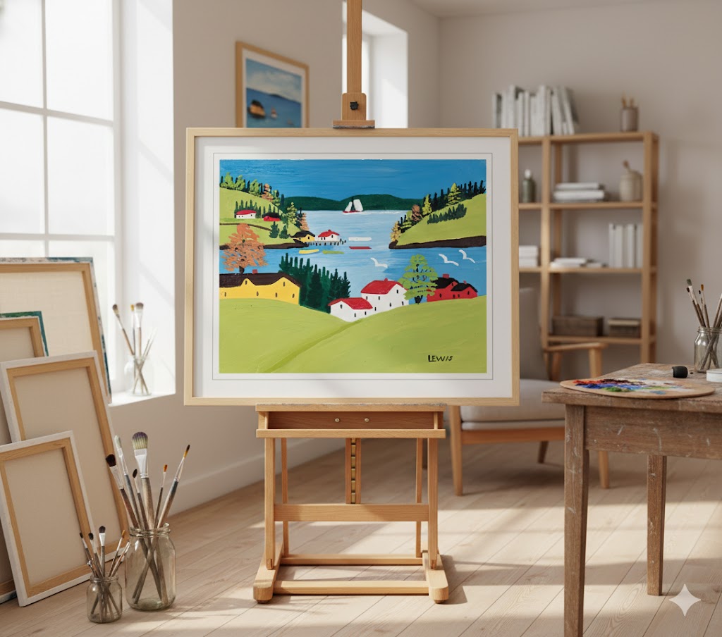 FRAMED ART PRINT BY MAUD LEWIS DIGBY HARBOUR FOLK ART PAINTING FLAT STYLE MARITIME WALL DECOR 24 X 28 INCHES - Image 2