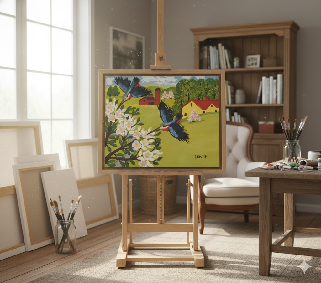 FRAMED ART PRINT BY MAUD LEWIS HUMMINGBIRDS FOLK ART PAINTING FLAT STYLE WALL DECOR 24 X 28 INCHES - Image 2