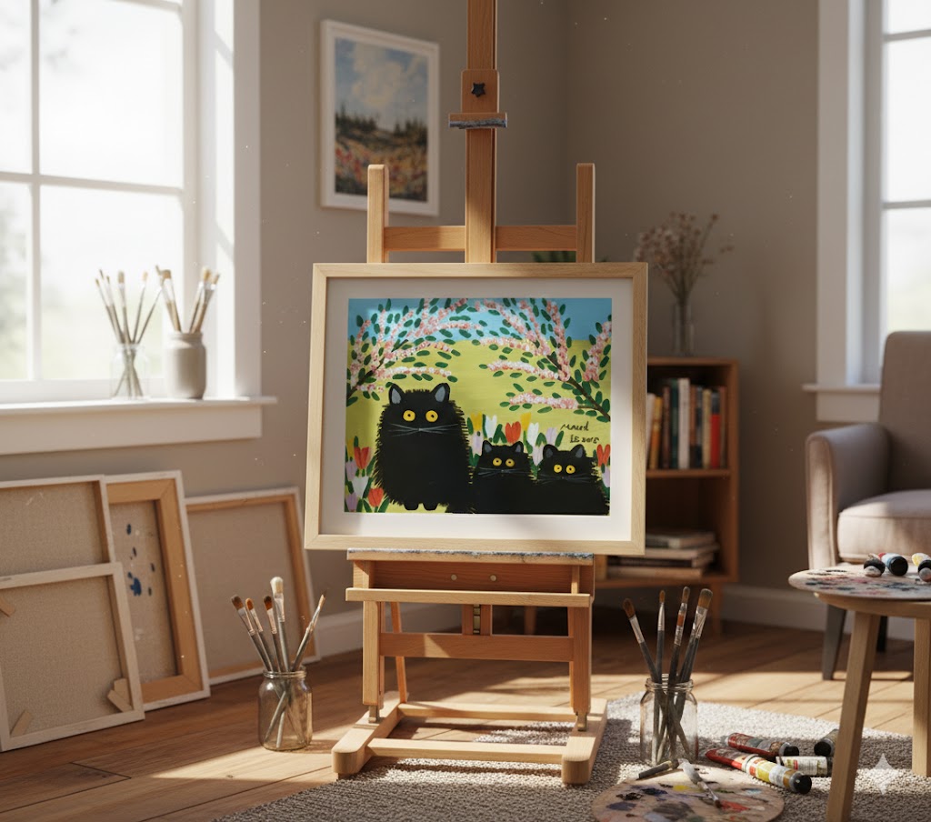 FRAMED ART PRINT BY MAUD LEWIS THREE BLACK CATS FOLK ART PAINTING FLAT STYLE WALL DECOR 24 X 28 INCHES - Image 2