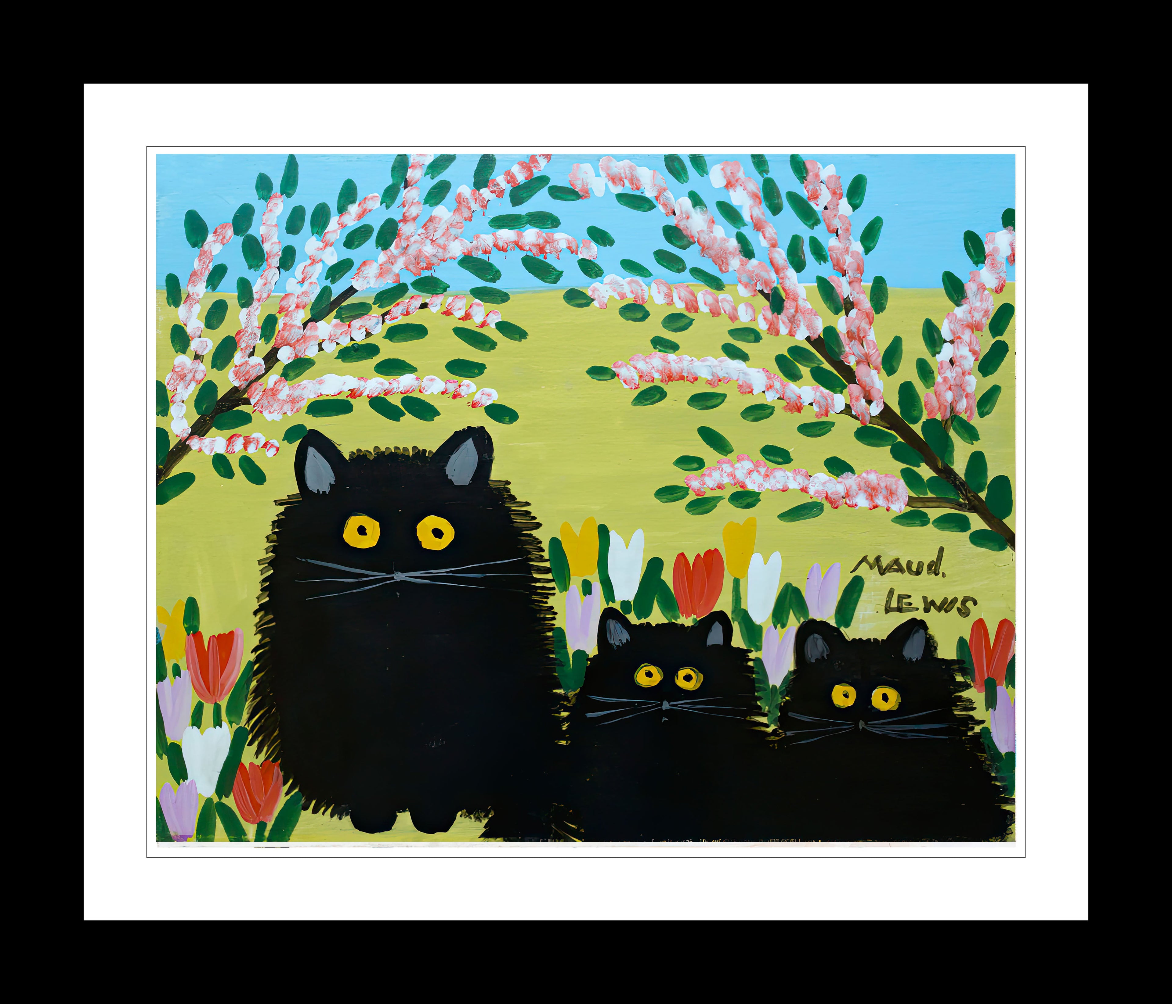 FRAMED ART PRINT BY MAUD LEWIS THREE BLACK CATS FOLK ART PAINTING FLAT STYLE WALL DECOR 24 X 28 INCHES