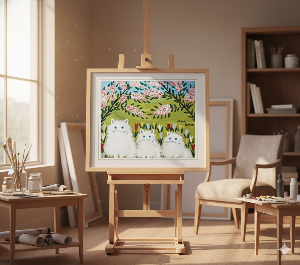 FRAMED ART PRINT BY MAUD LEWIS THREE WHITE CATS FOLK ART PAINTING FLAT STYLE WALL DECOR 24 X 28 INCHES - Image 2