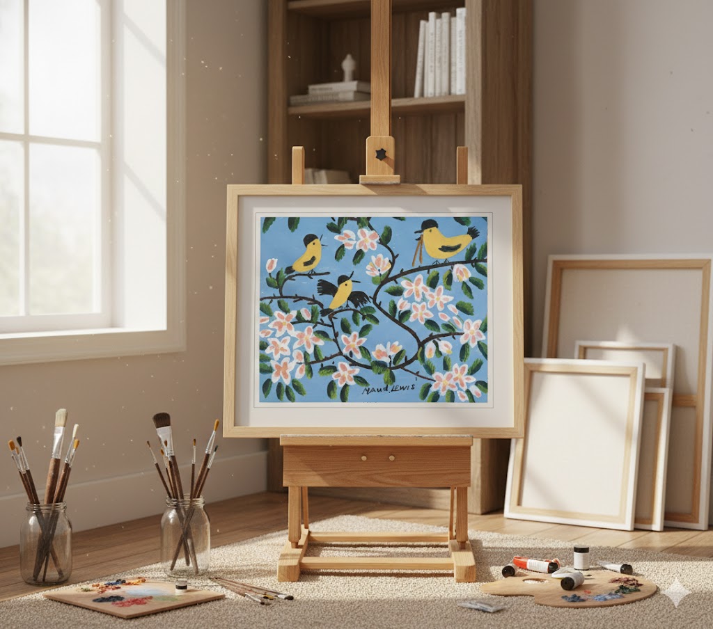 FRAMED ART PRINT BY MAUD LEWIS YELLOW BIRDS FOLK ART PAINTING FLAT STYLE WALL DECOR 24 X 28 INCHES - Image 2