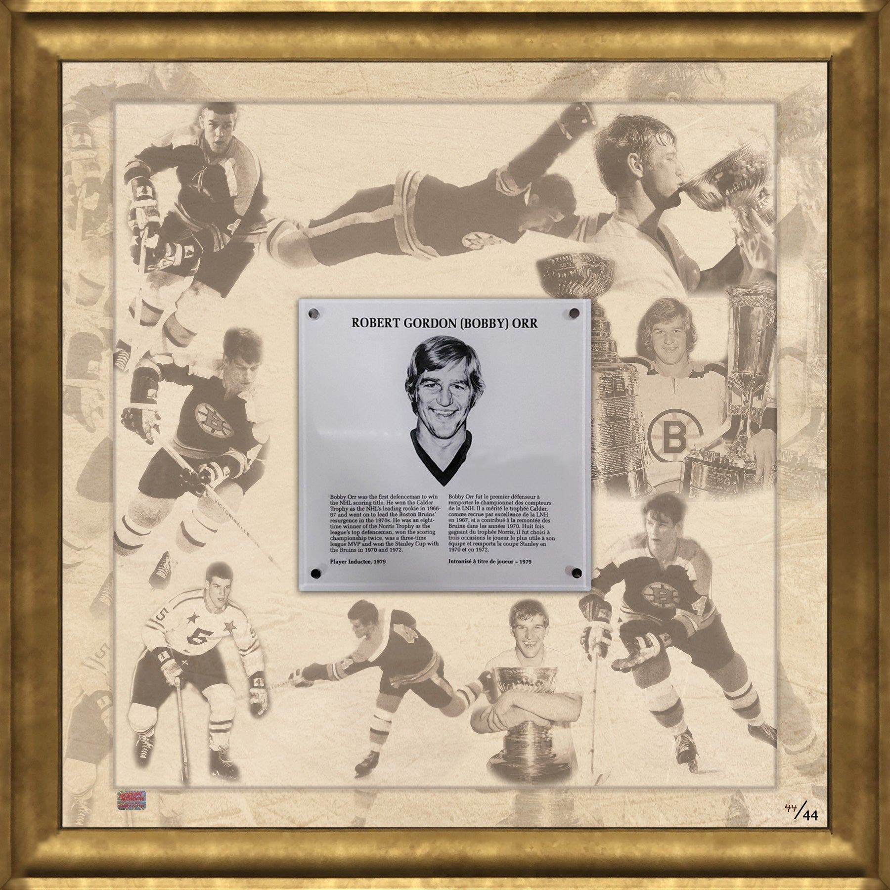BOBBY ORR HHOF PLAQUE FRAMED COLLAGE LTD ED #44 OF 44 (27' BY 26.5')