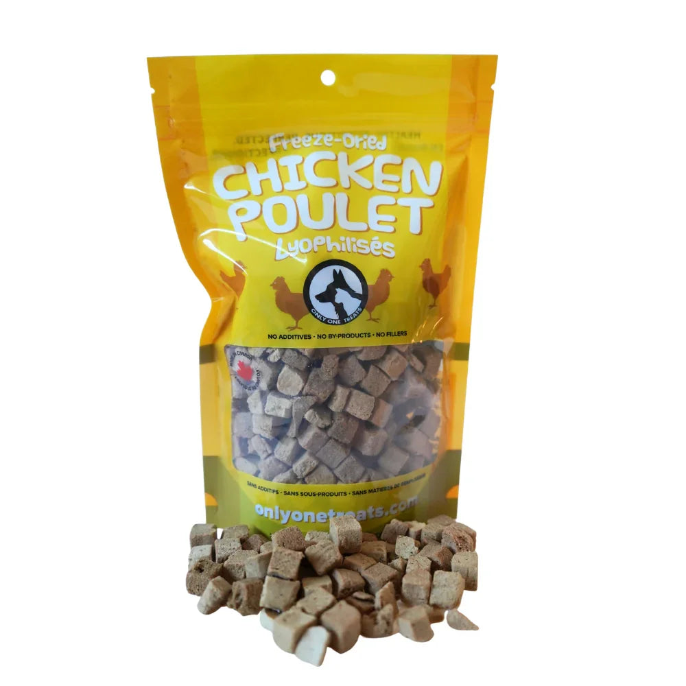 Freeze-dried chicken pet treats in yellow resealable bag with visible chicken cubes