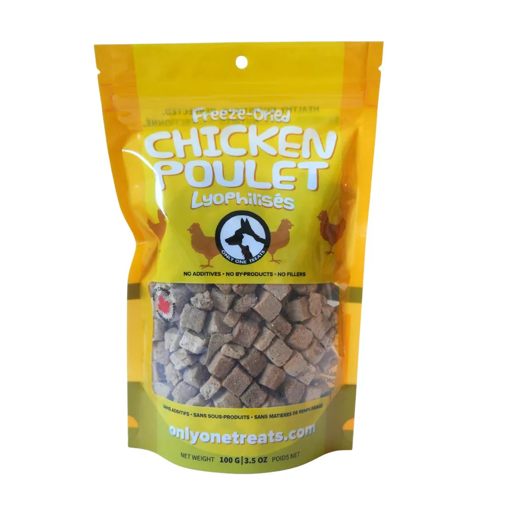 Freeze-dried chicken dog treats 100g in yellow resealable bag, Only One Treats brand.