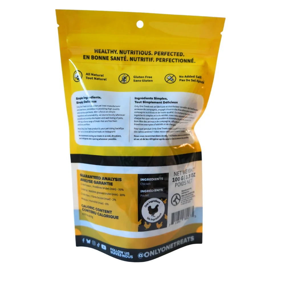 Back of Only One Treats freeze dried chicken 100g bag with product details and ingredients