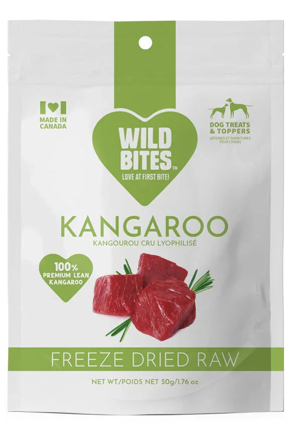 Wild Bites Kangaroo freeze dried raw dog treats 50g bag, made in Canada, with meat cubes image
