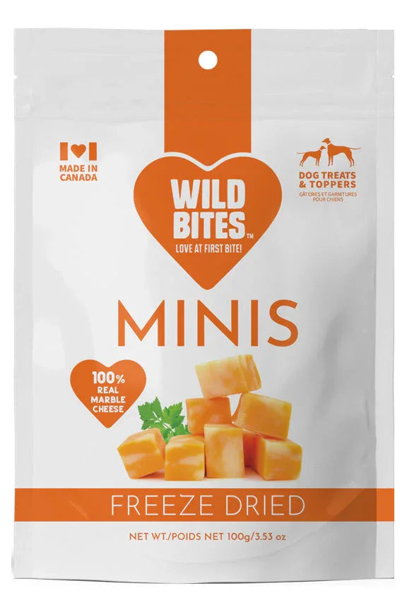 Wild Bites freeze dried cheese minis dog treats, marble cheese cubes pouch