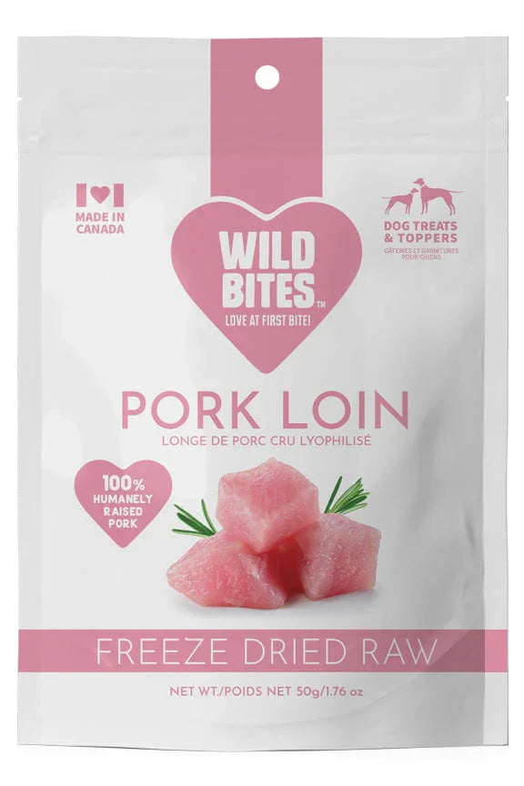 Wild Bites pork loin freeze dried raw dog treats, 50g pouch, made in Canada