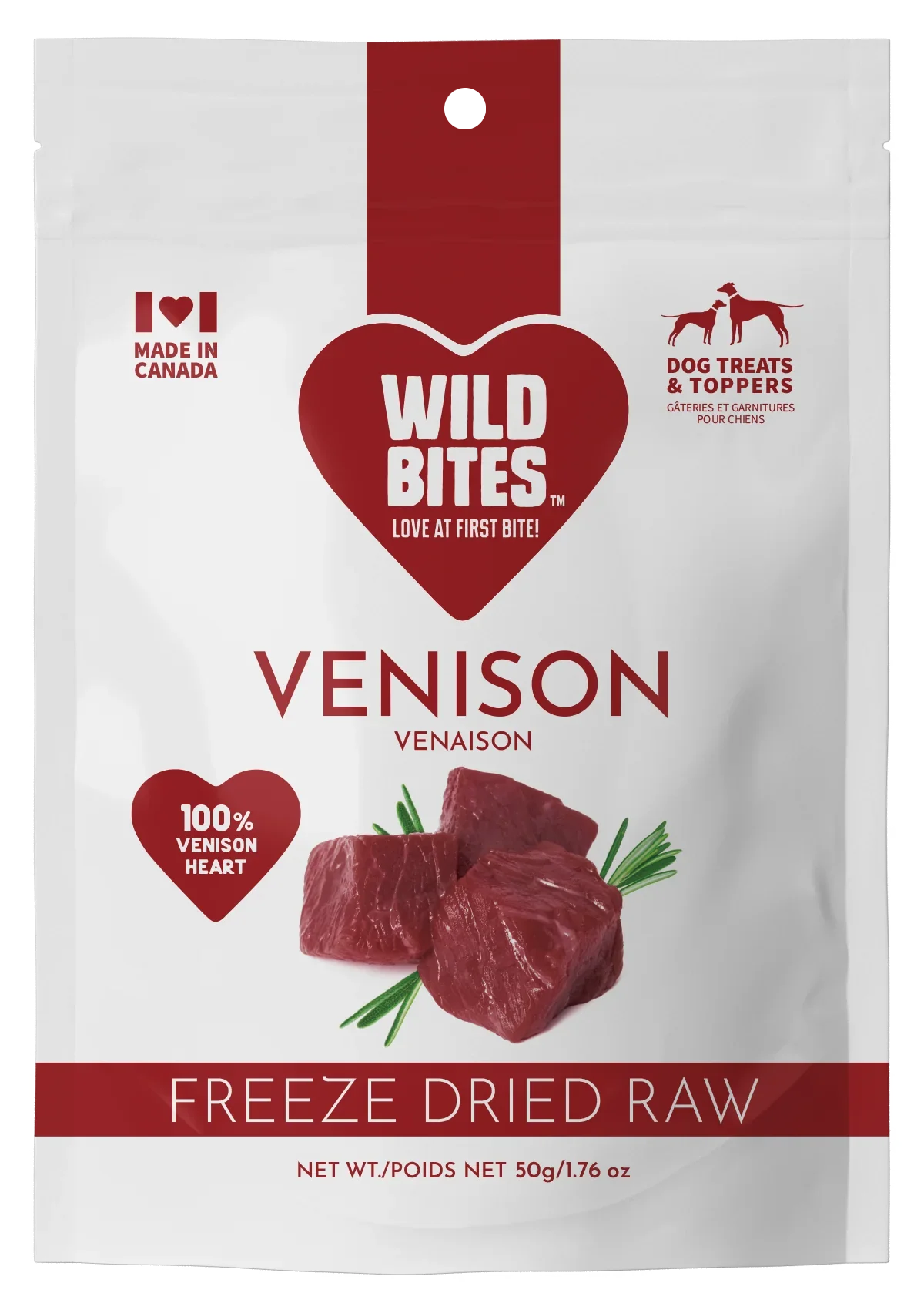 Wild Bites freeze dried venison dog treats, 100% venison heart, made in Canada pouch