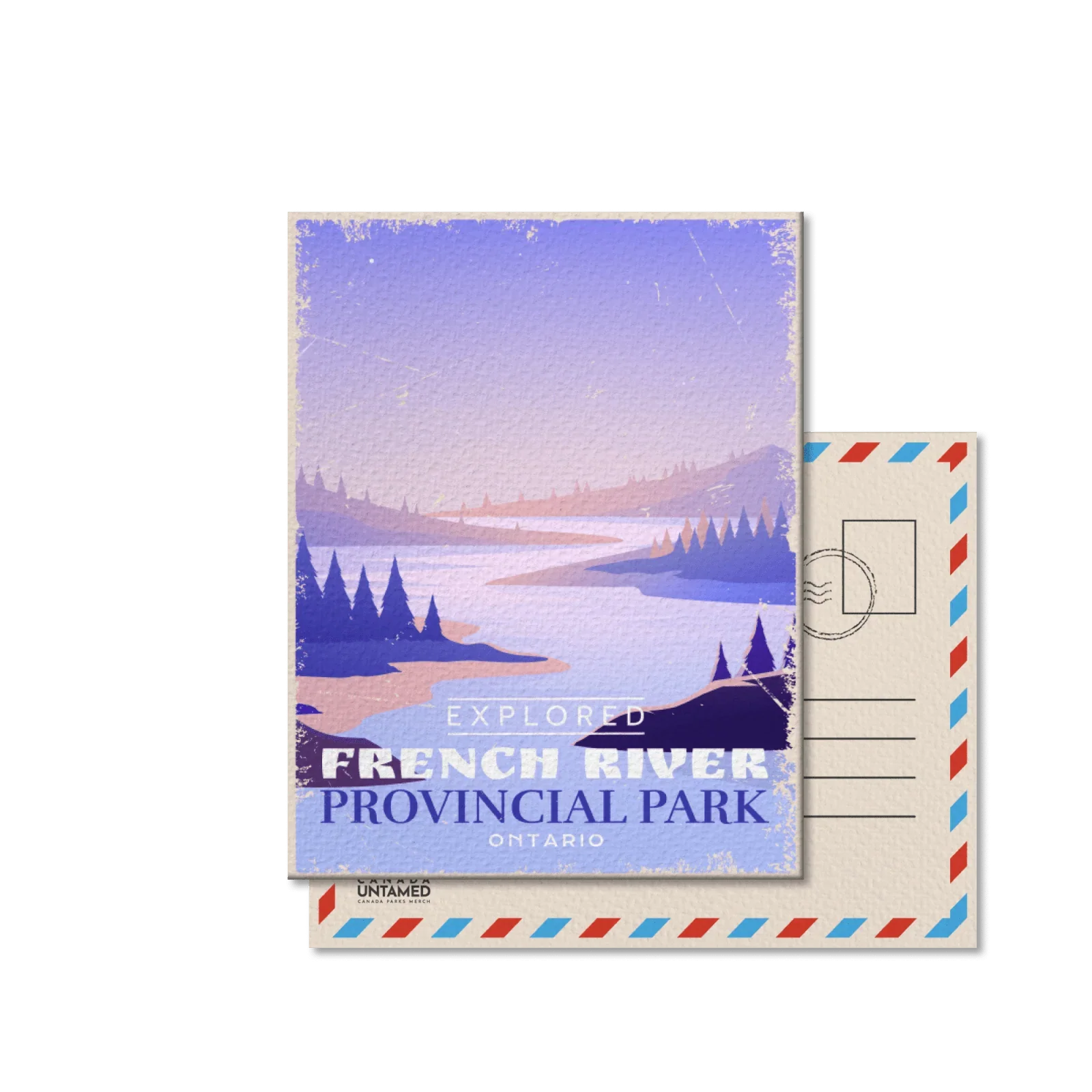 French River Provincial Park Ontario postcard with illustrated river and pine trees