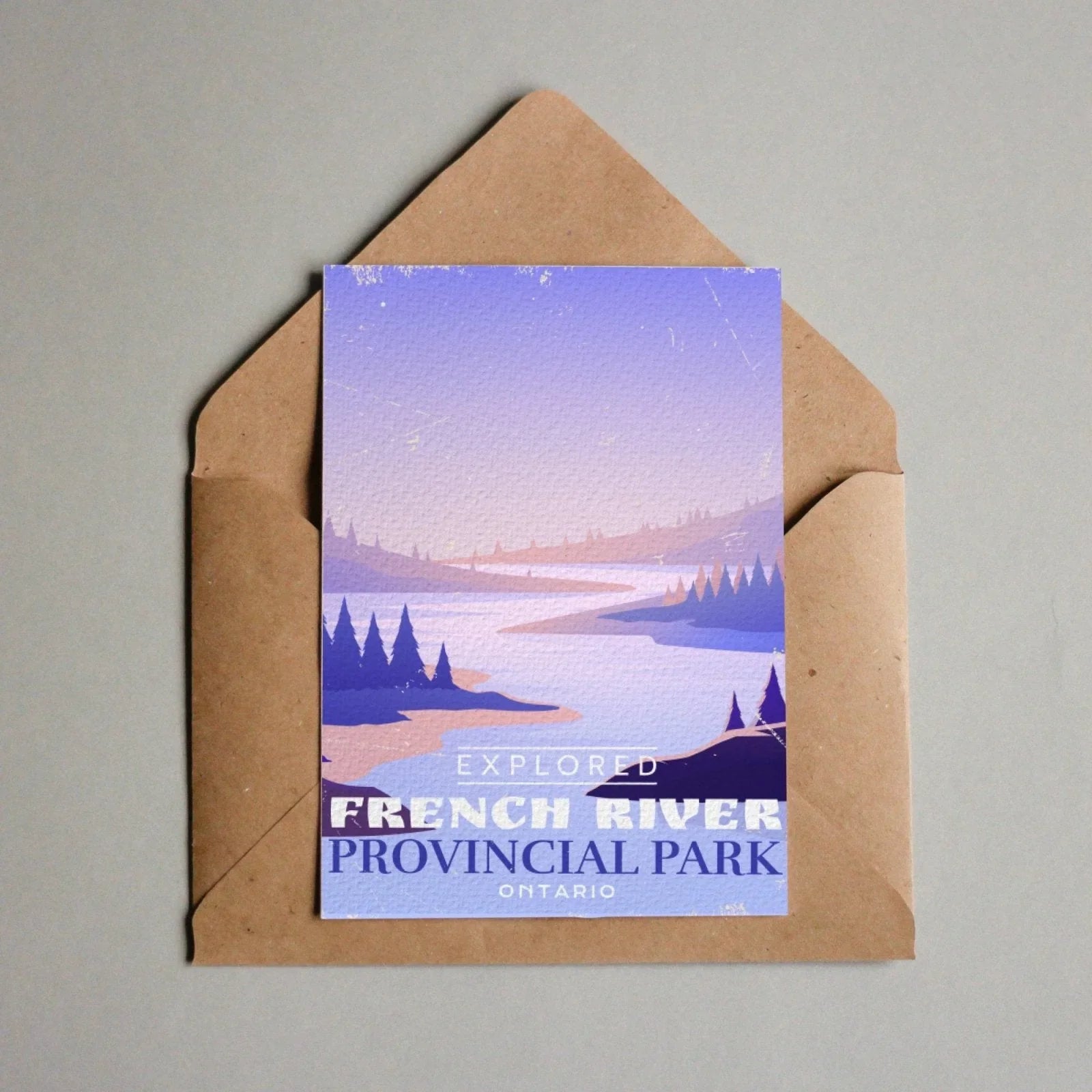 French River Ontario Provincial Park postcard with illustrated river landscape in brown envelope